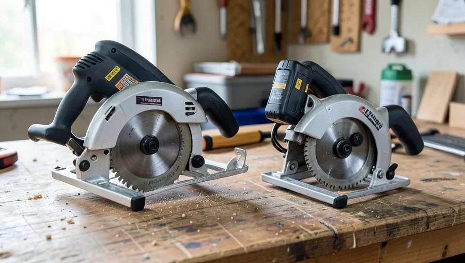 Comparing a corded and a cordless compact miter saw side by side