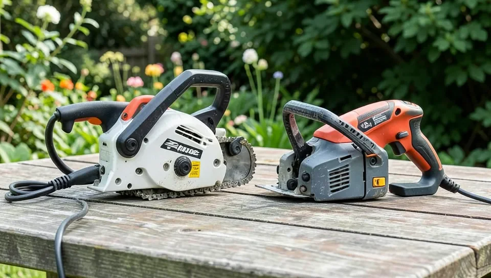 A corded electric saw and a cordless electric saw side by side