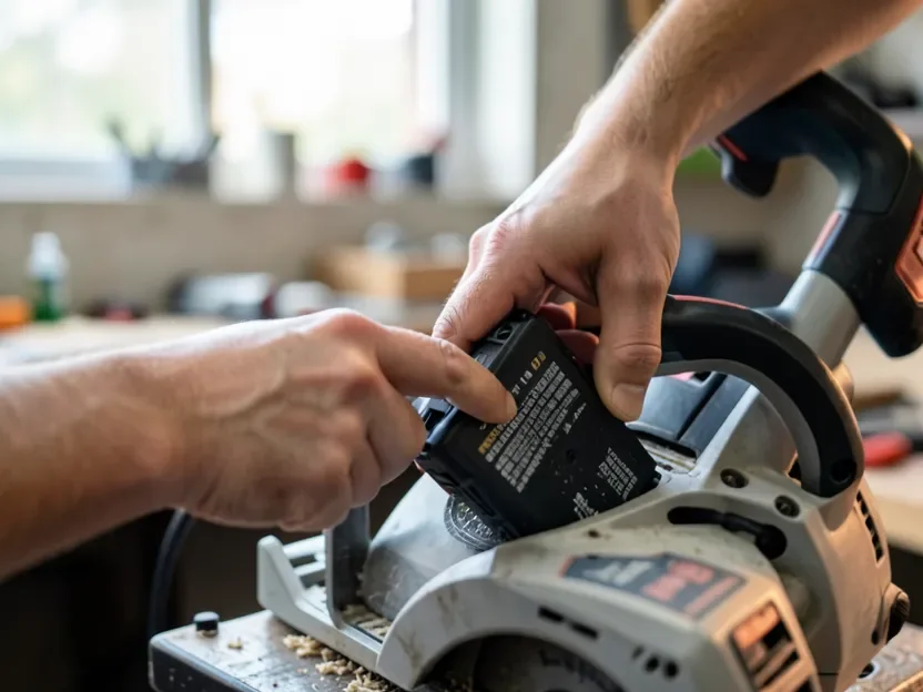 Inserting a battery pack into a cordless brushless circular saw