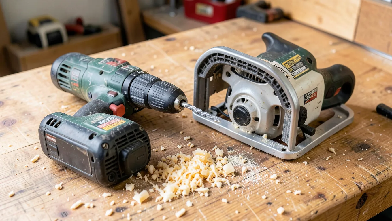 A cordless drill and a power tool laid side by side on a wooden workbench with sawdust
