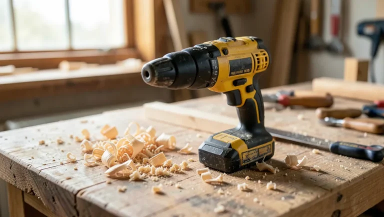 Cordless electric drill resting on a wooden workbench in a home woodworking shop