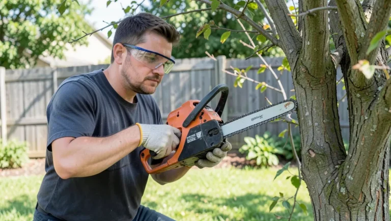 A cordless electric mini chainsaw pruning a tree branch