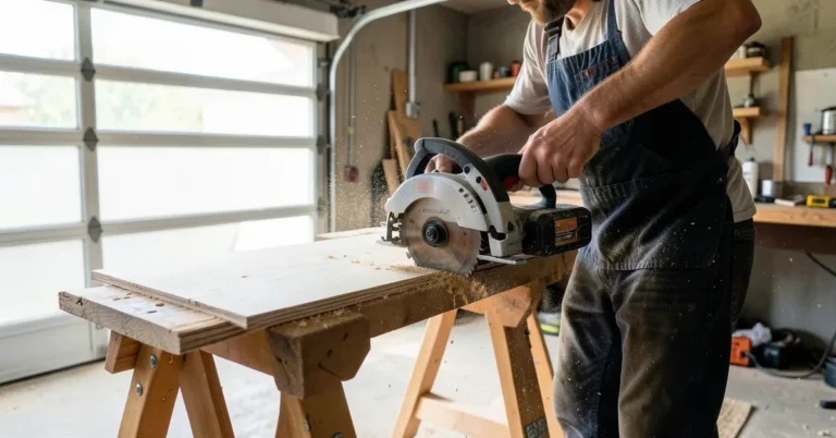 Cordless circular saw cutting plywood on sawhorses in a home garage workshop
