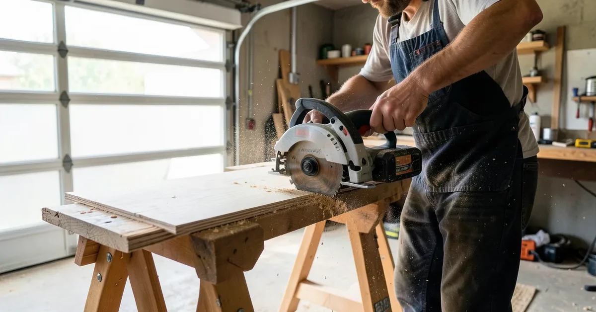 Cordless circular saw cutting plywood on sawhorses in a home garage workshop