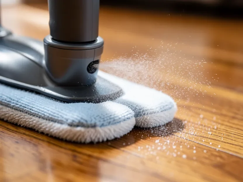 Close-up of a cordless spin mop spraying a fine mist onto a hardwood floor