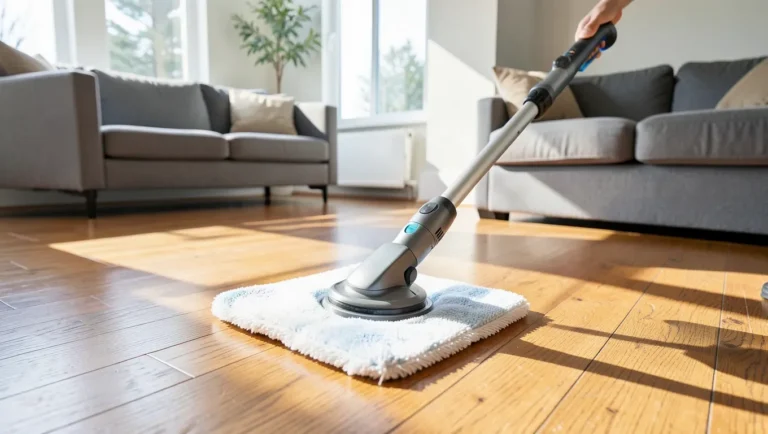 Cordless spray spin mop cleaning a sunlit hardwood floor