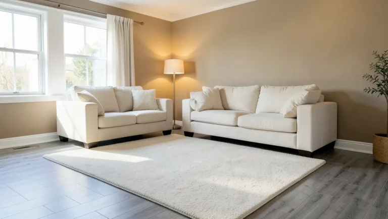 A cozy living room with gray wood floors, warm decor, and a cream area rug