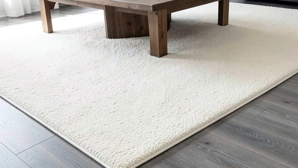 A cream area rug placed on a gray wood floor