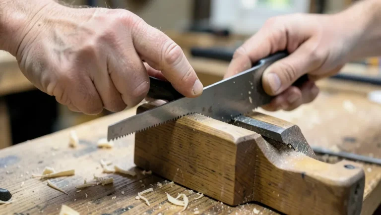 Filing crosscut saw teeth with the saw clamped in a wooden vise