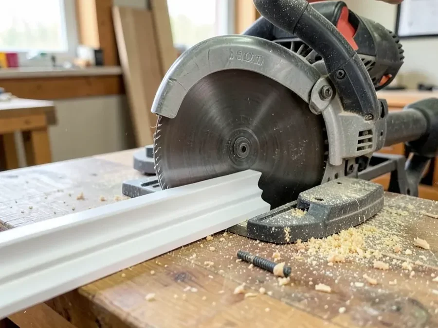Crown molding clamped against the fence of a sliding compound miter saw before making an angled cut