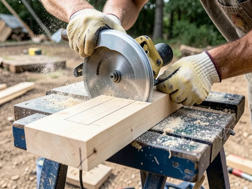 Carpenter using a circular saw to cut along a marked layout line on a stair stringer board