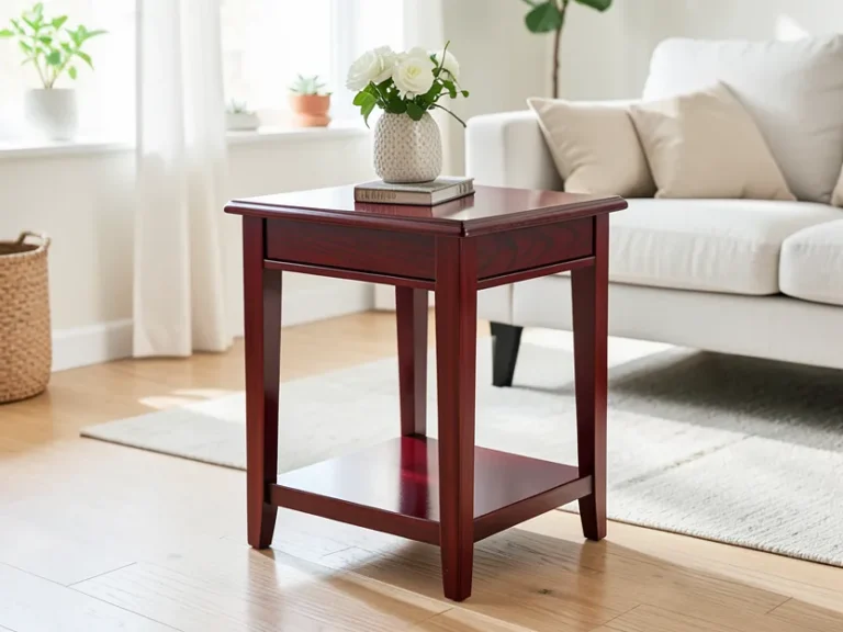 A finished side table painted a deep dark cherry gloss color in a bright living room