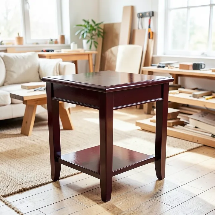 A finished side table painted a deep dark cherry gloss color in a bright living room