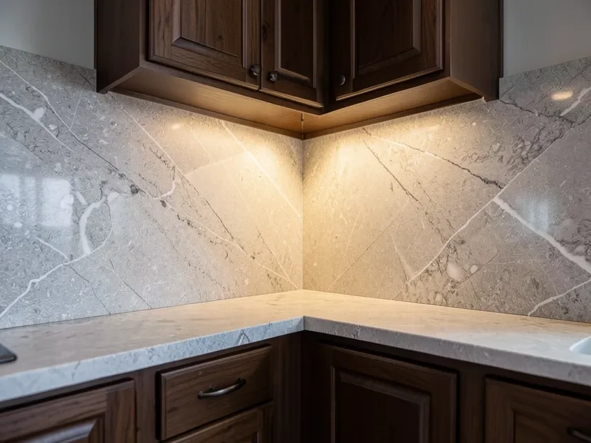 Dark wood cabinets paired with a light natural stone marble backsplash for contrast