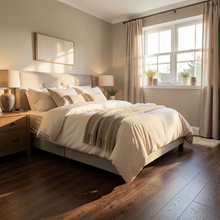 A cozy bedroom with dark walnut-toned wood flooring and cream bedding