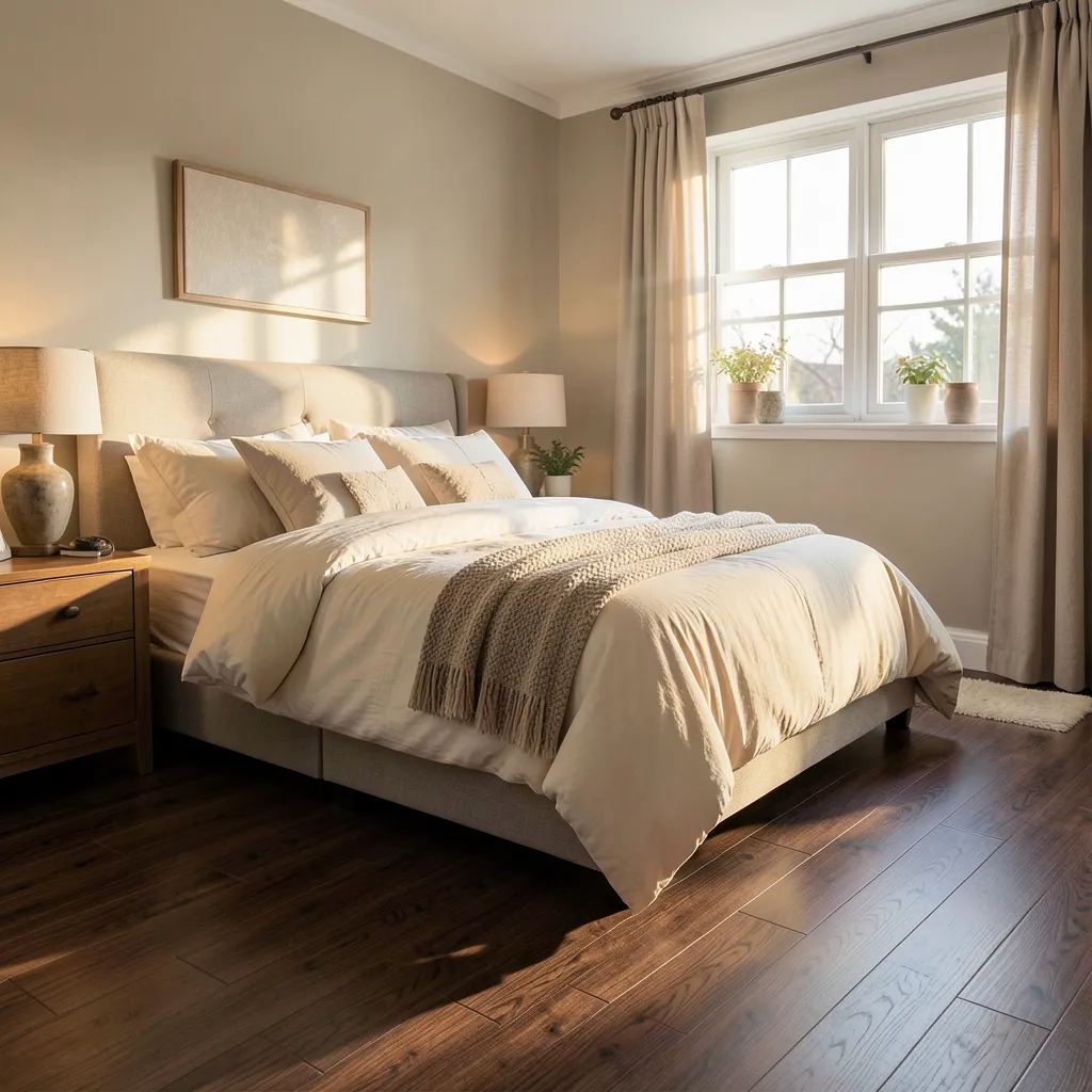 A cozy bedroom with dark walnut-toned wood flooring and cream bedding
