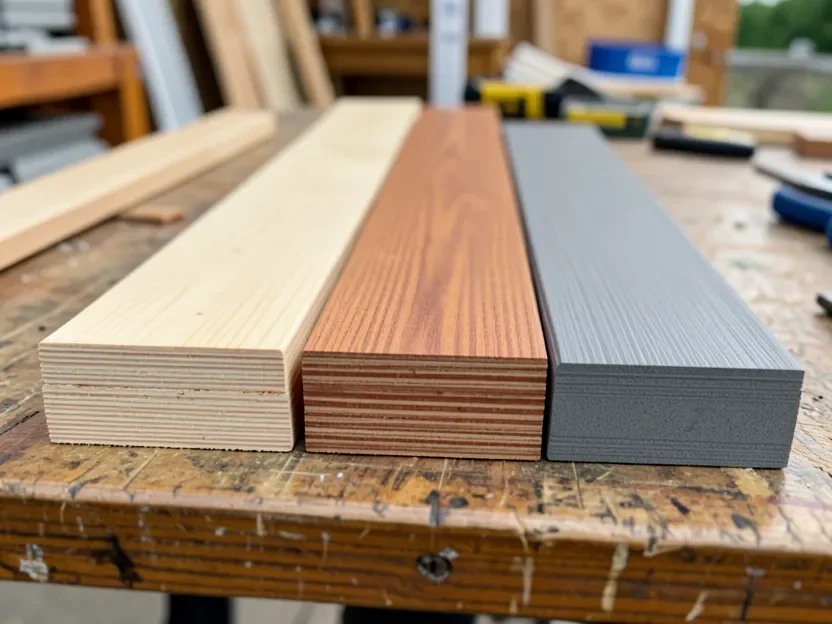 Side by side comparison of pressure-treated pine, cedar, and composite decking board material samples