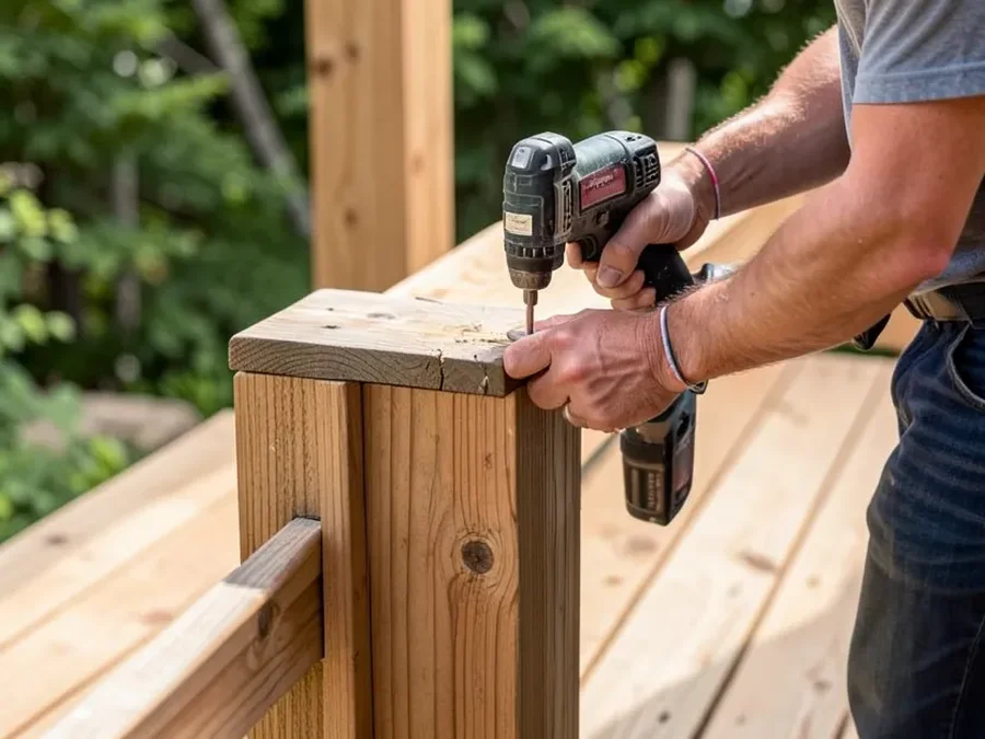 Person installing a wood deck railing baluster with a drill