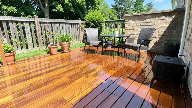 A wood deck finished with a warm brown semi-transparent stain
