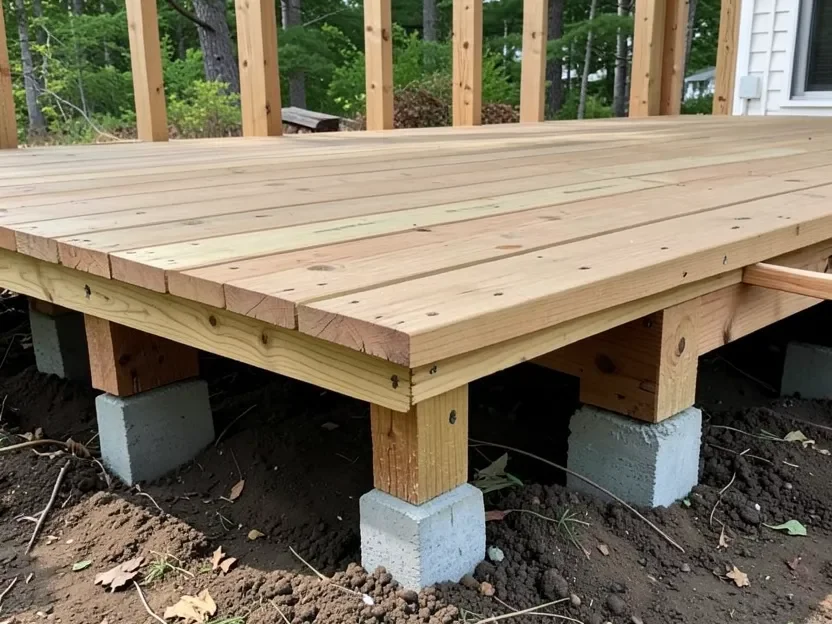 Wood deck under construction showing substructure framing, joists, and concrete footings beneath the decking surface