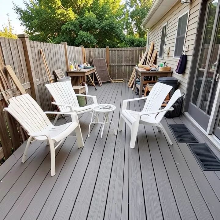 Backyard wood deck painted warm gray with white patio furniture