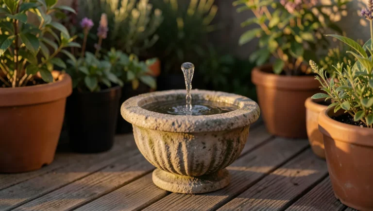 Stone urn fountain bubbling on a wood deck