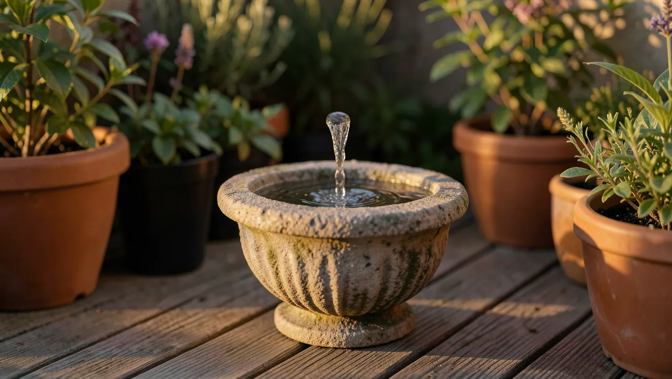 Stone urn fountain bubbling on a wood deck
