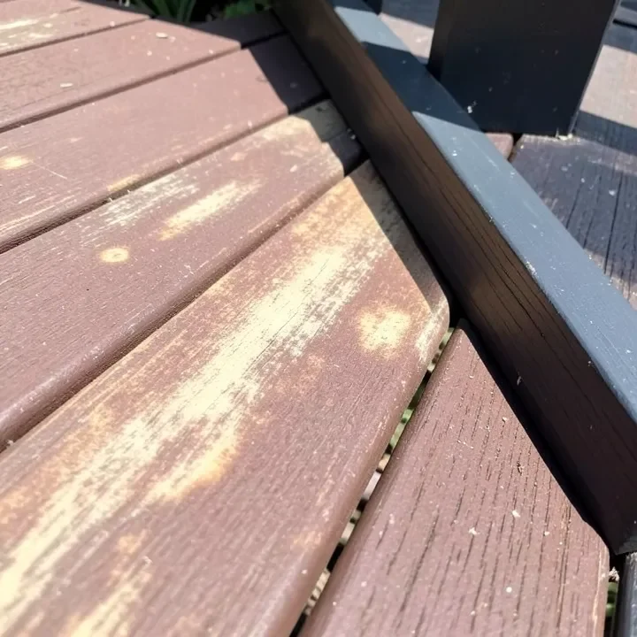 Faded and discolored composite deck boards showing sun damage next to a newer board