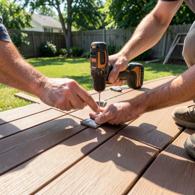 Installing brown composite decking boards on a backyard deck