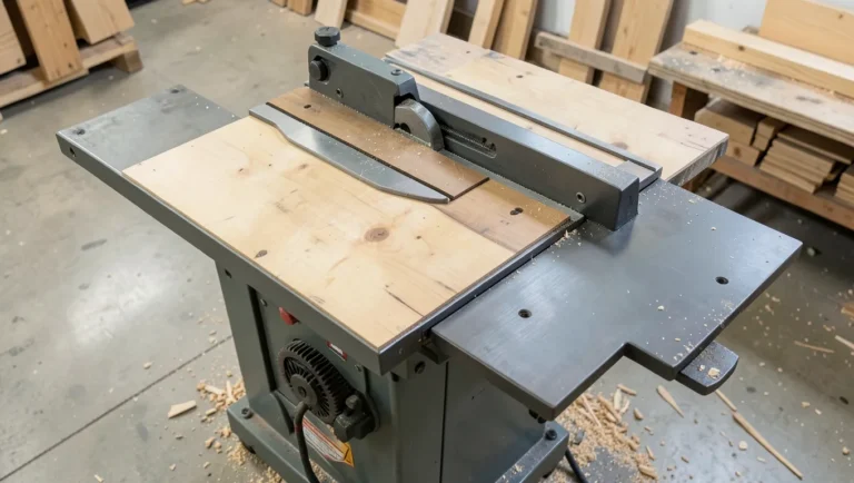 Table saw with a cast iron extension wing bolted onto the right side of the main table