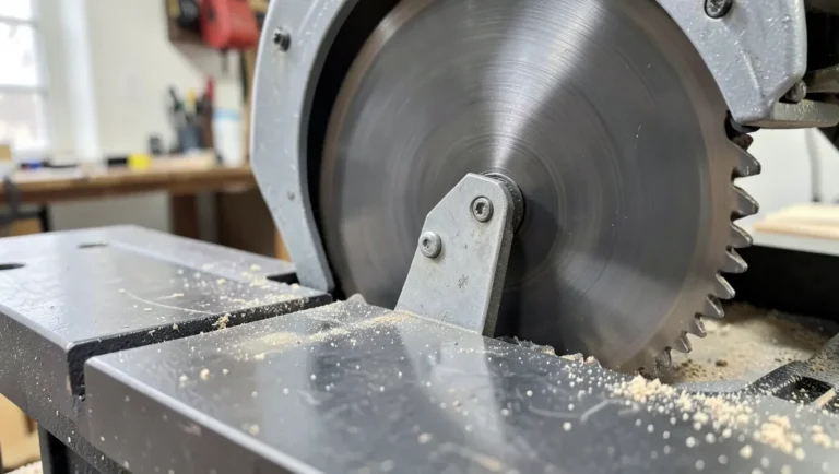 Riving knife mounted directly behind the blade on a table saw
