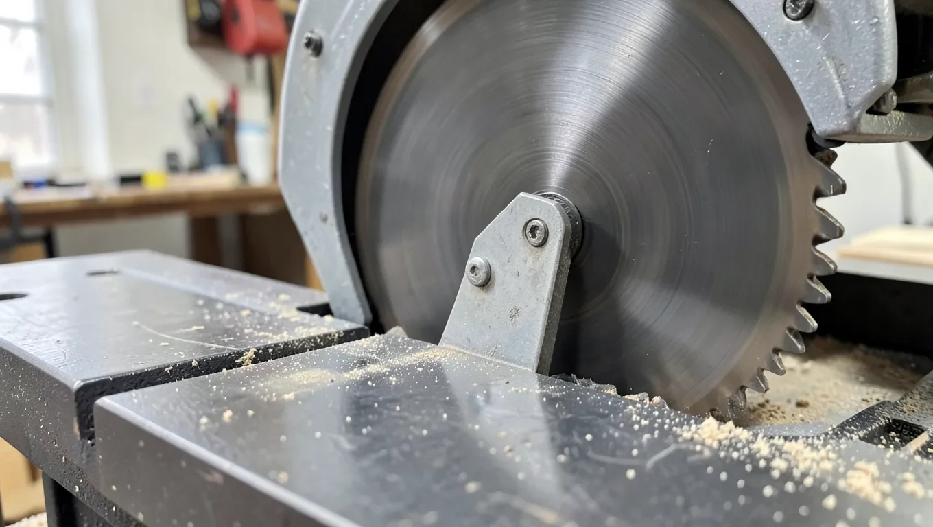 Riving knife mounted directly behind the blade on a table saw