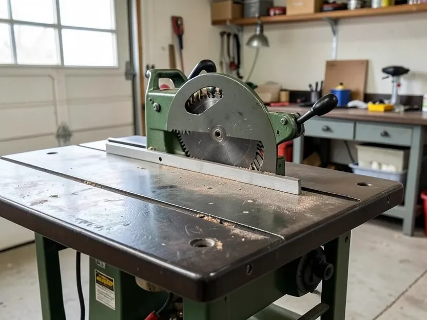 Older-style splitter and blade guard assembly on a contractor table saw