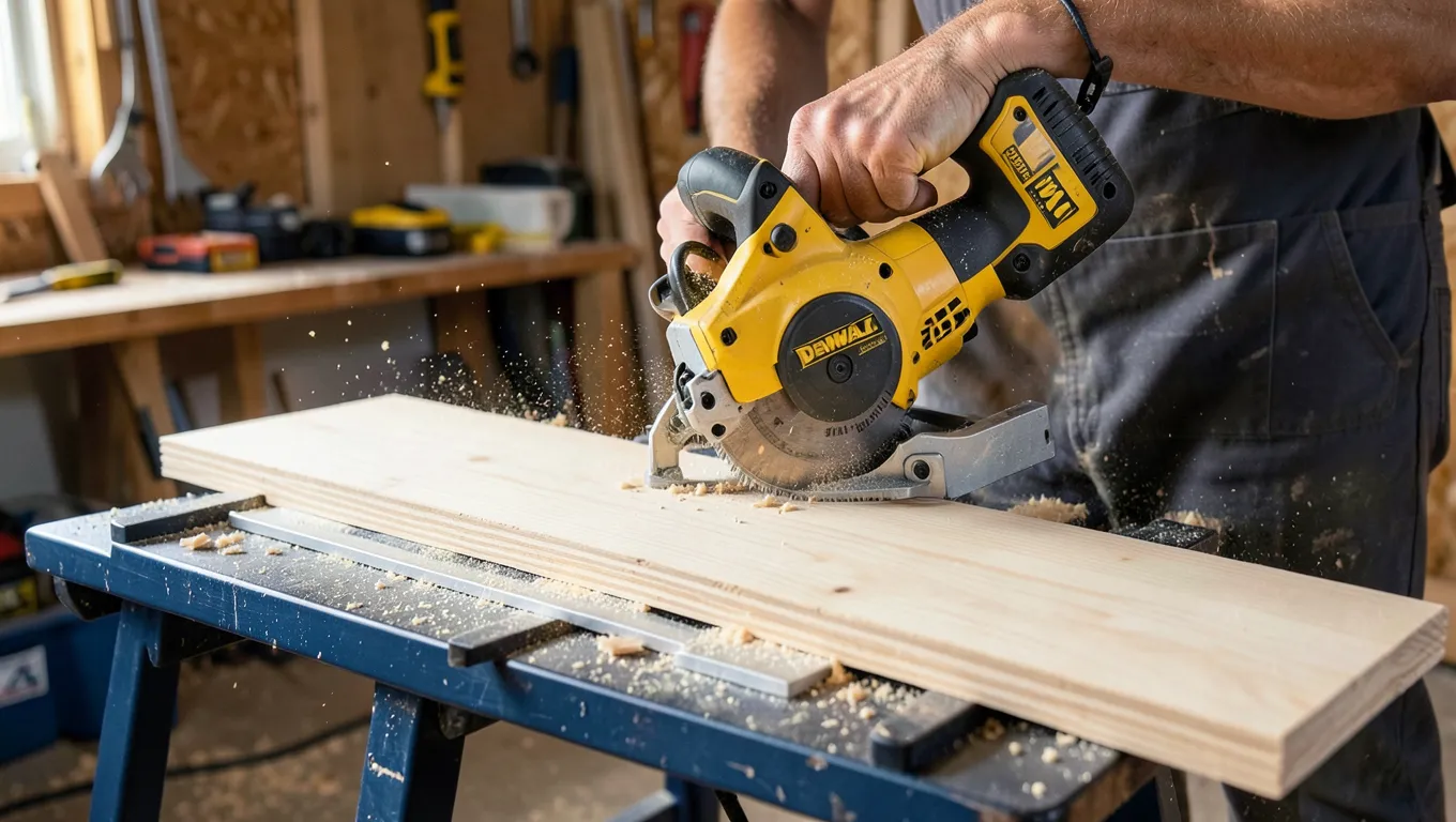 DeWalt cordless 12 inch miter saw cutting a wide board in a home workshop