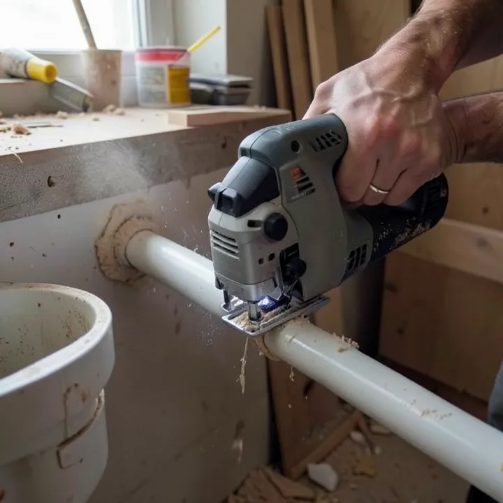 A compact one-handed reciprocating saw cutting a PVC pipe in a tight space under a sink, LED light on