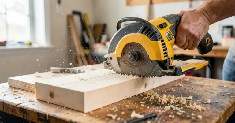 DeWalt 20V cordless circular saw cutting a wood board