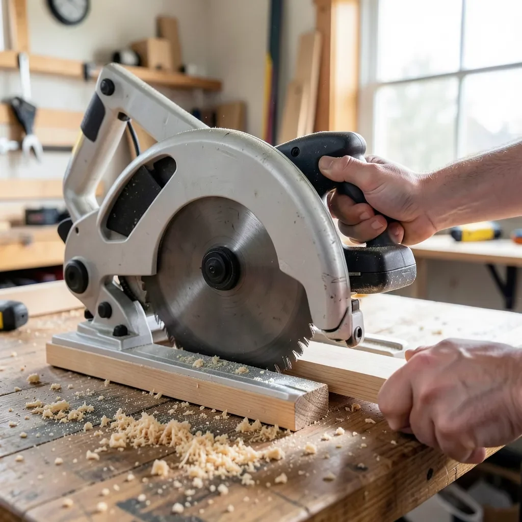 Compound miter saw cutting through a wooden board on a workbench