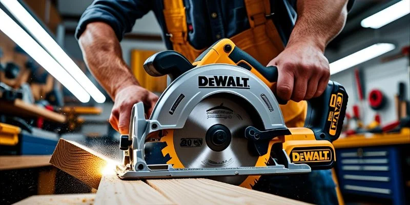 A DeWalt brushless circular saw cutting a board