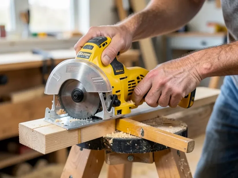 Woodworker guiding a DeWalt cordless circular saw along a straightedge guide while cutting a board
