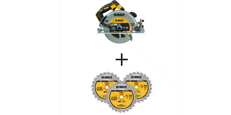 A DeWalt brushless circular saw with a set of replacement blades