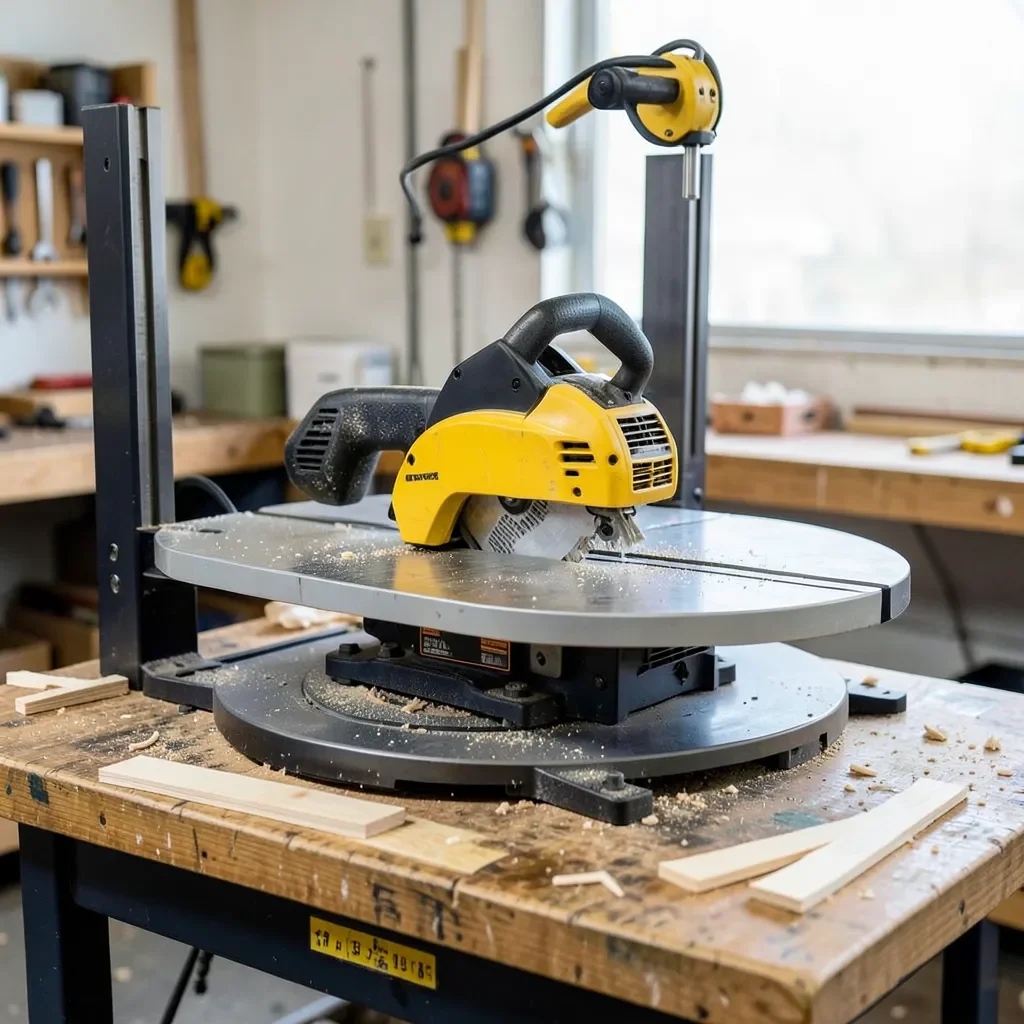 DeWalt compound miter saw on a workshop bench with fence and pivoting arm