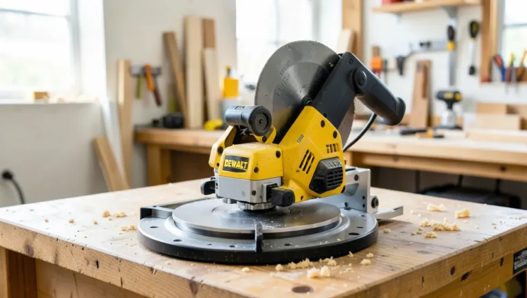 DEWALT cordless miter saw on a workshop workbench