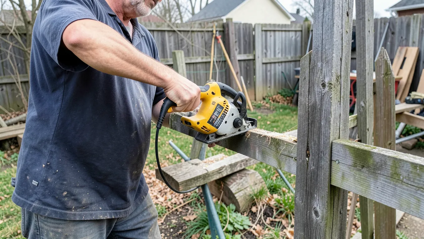 Cordless DeWalt reciprocating saw cutting through an old wood fence board