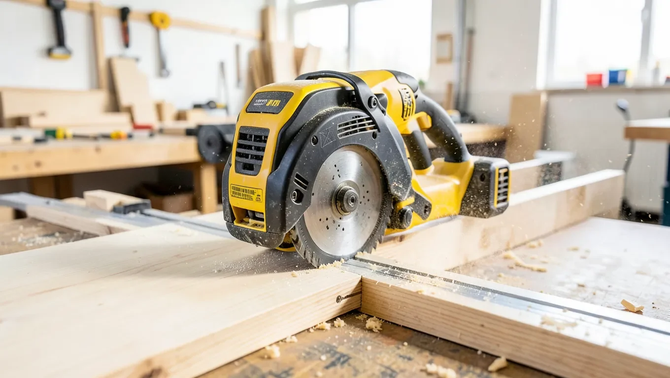 DeWalt cordless track saw cutting a plywood sheet on a guide rail in a workshop