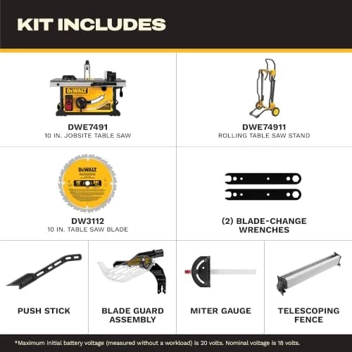 What is included in the DEWALT DWE7491RS table saw kit: saw, stand, blade, wrenches, push stick