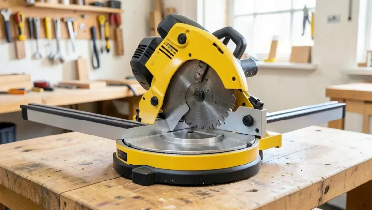 DeWalt-style yellow sliding compound miter saw on a workshop bench