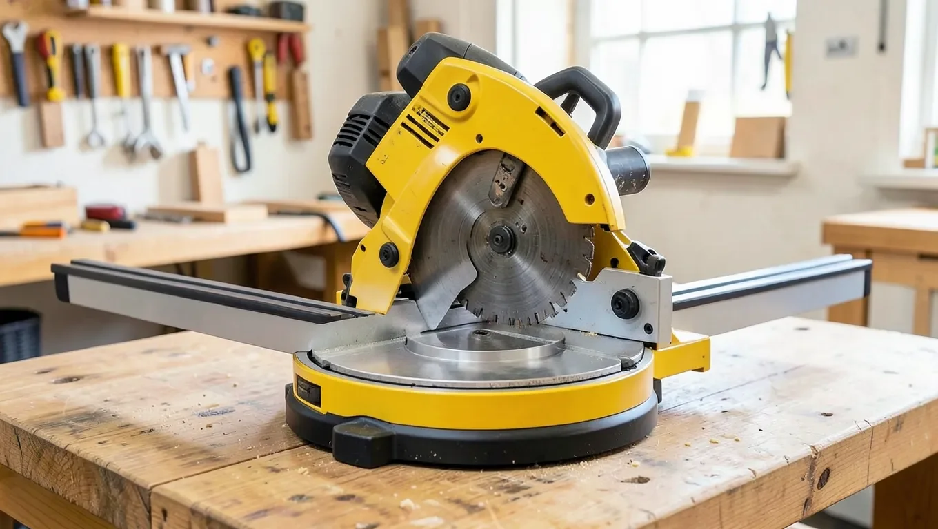 DeWalt-style yellow sliding compound miter saw on a workshop bench