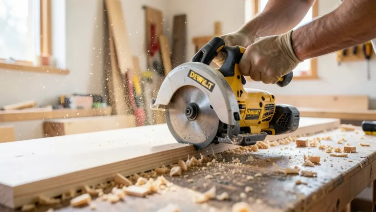 DeWalt cordless circular saw cutting a sheet of plywood in a woodworking shop