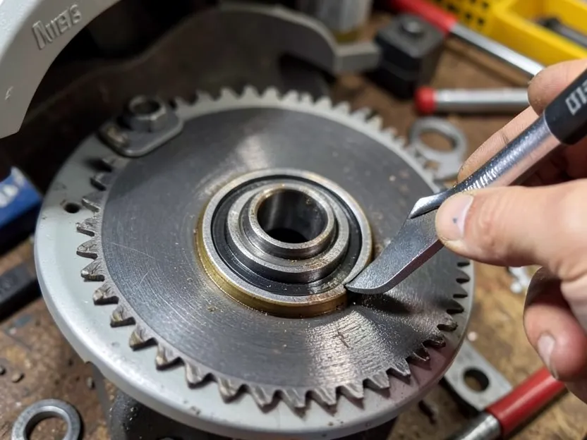 Close-up of a saw arbor and bearing being serviced with a wrench