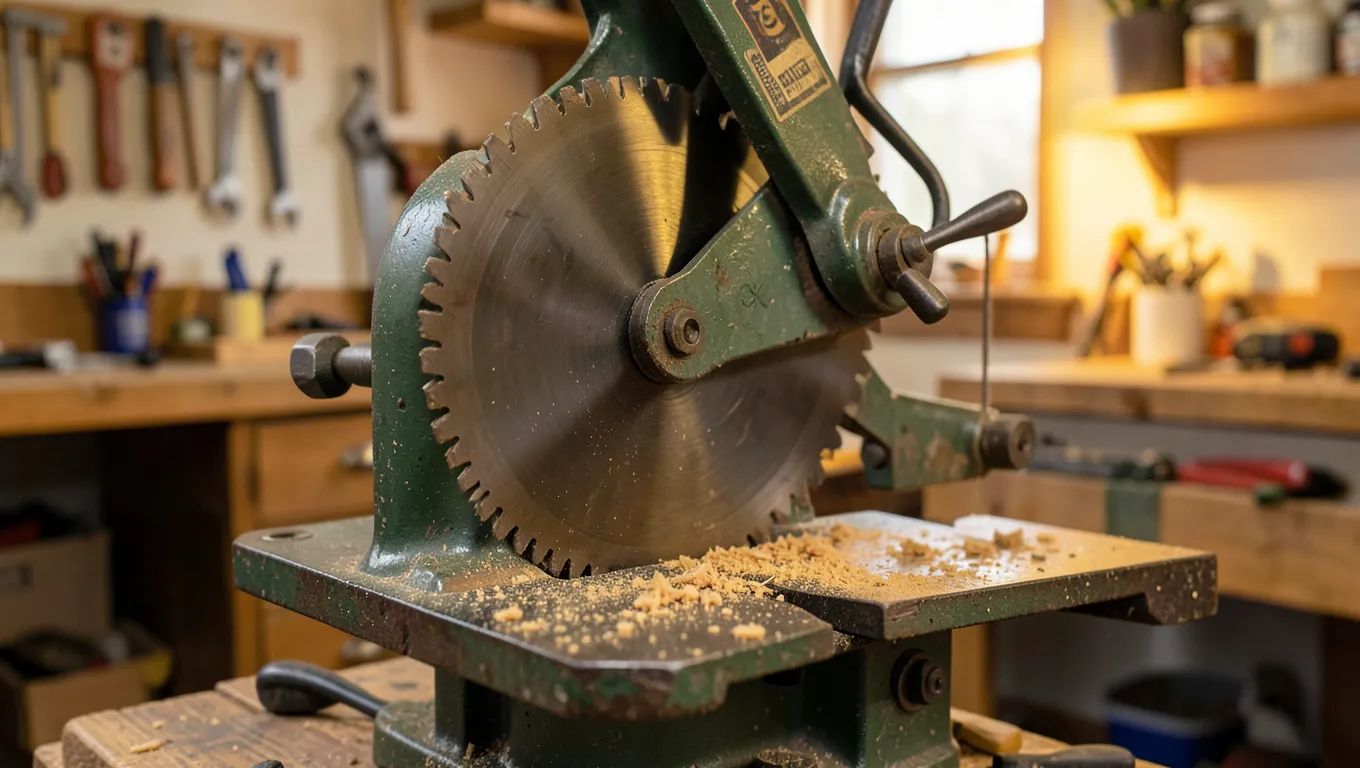 DeWalt-style radial arm saw blade and arm assembly in a home workshop